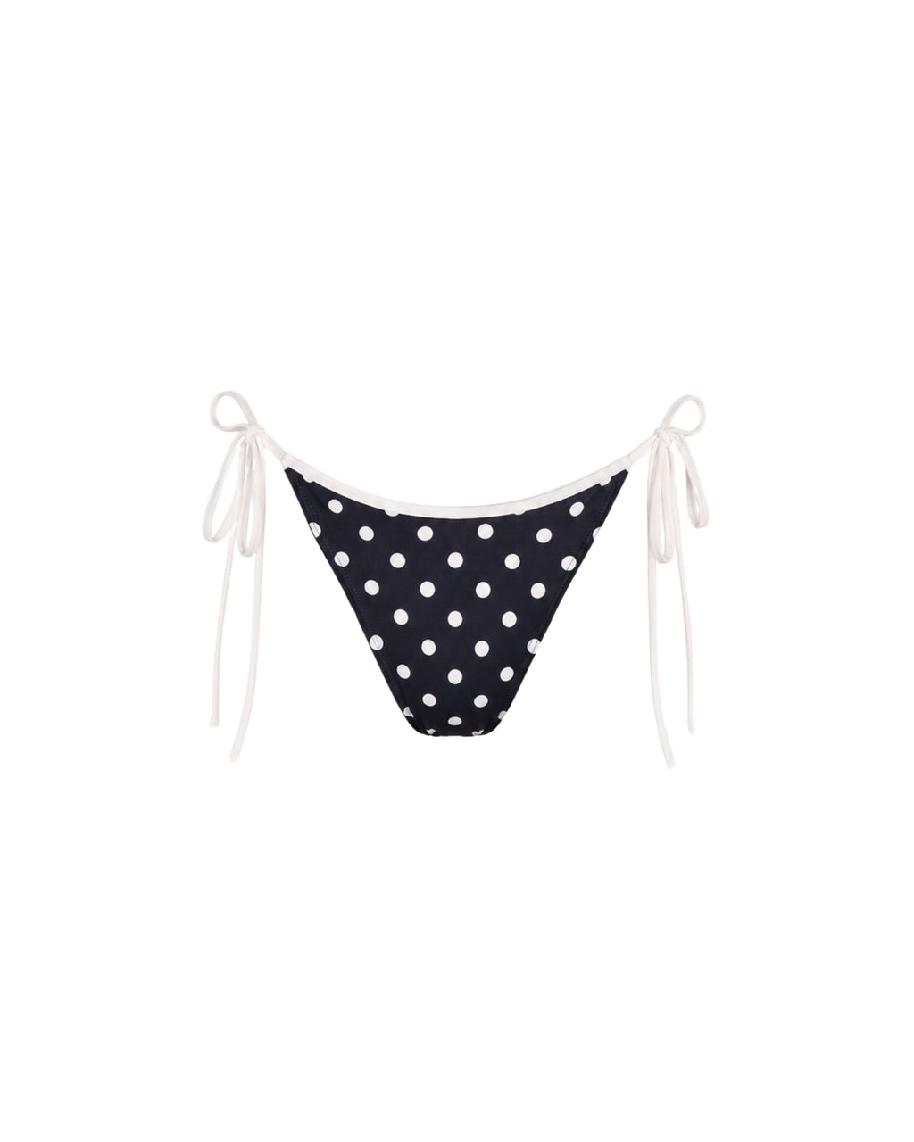 A black string bikini bottom with white polka dots and white side ties, shown against a plain white background.